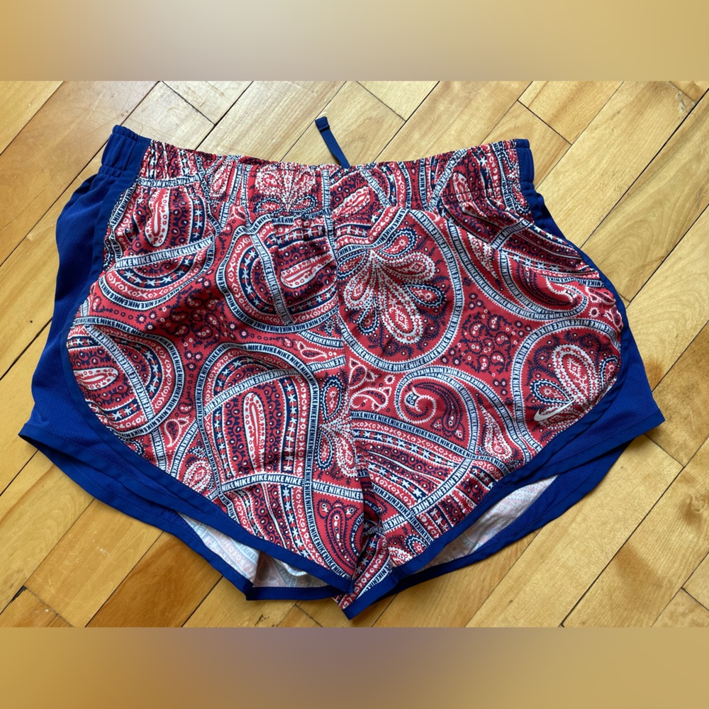 Nike red and blue paisley print tempo DriFit athletic drawstring shorts. Size S - Picture 2 of 6